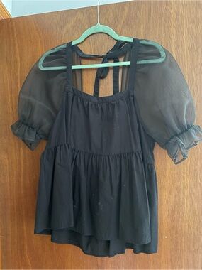 Topshop Black Sheer Puff Sleeve Tie-Back Blouse
